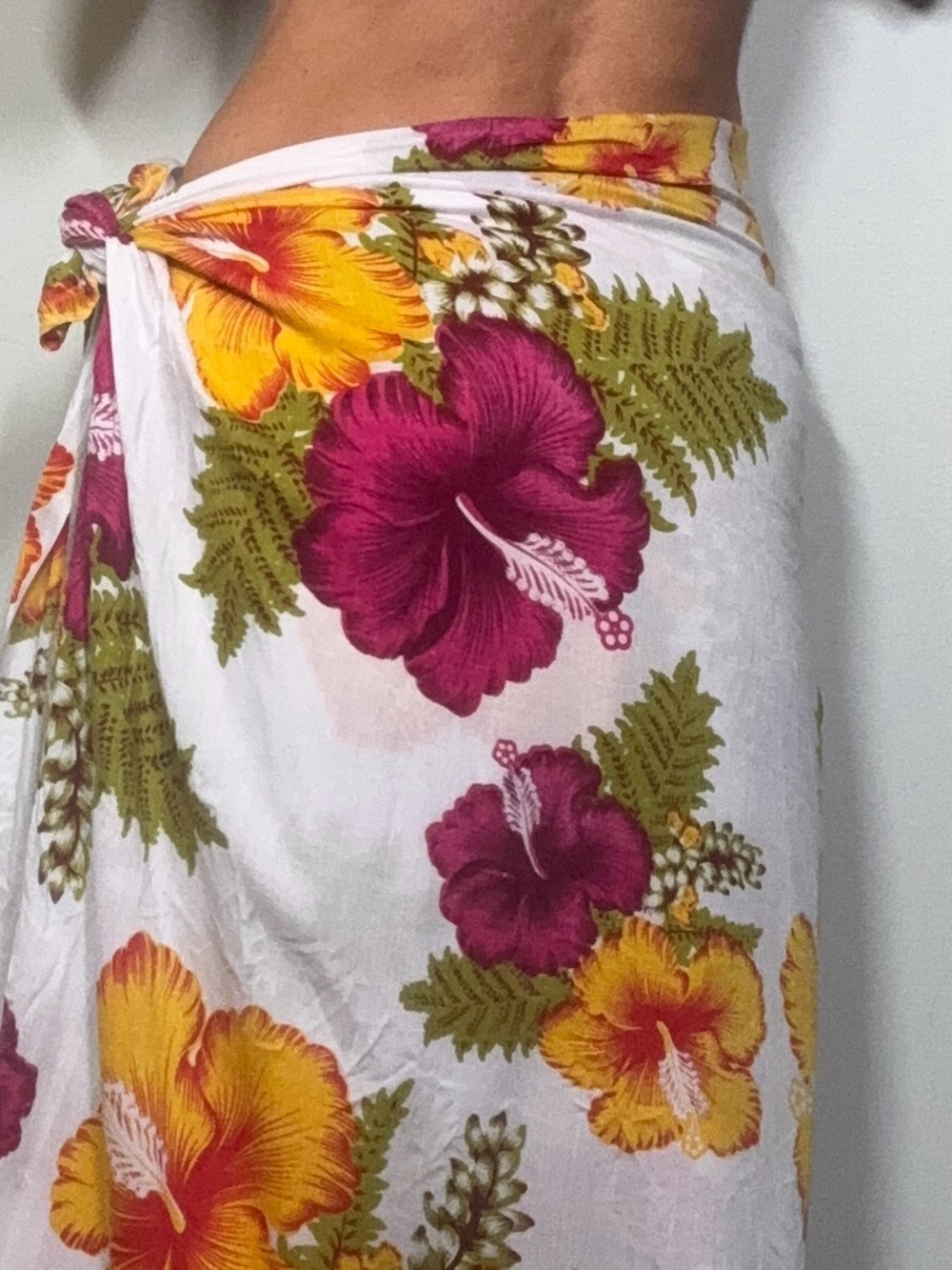 Tropical Floral Swim Sarong Wrap - White with Yellow & Magenta Flowers
